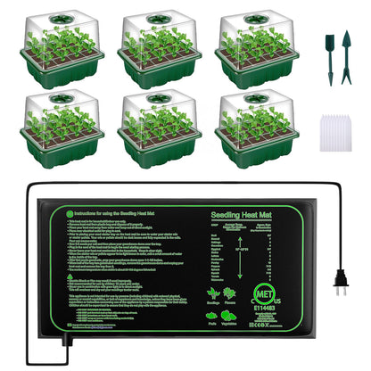 6-Pack Seed Starter Trays with 10"x20.75" Seedling Heat Mat for Indoor Home Gardening Seed Starting, 72-Cell Seed Starter Kit with Humidity Dome(12 Cells per Tray), MET Certified