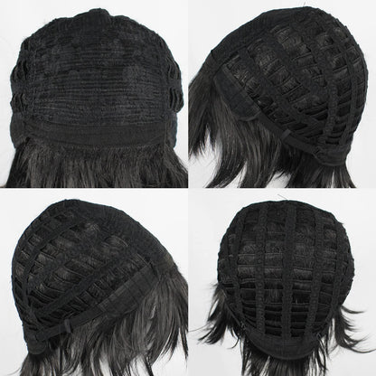 ANOGOL Hair Cap+ Short Black Wig for Men Short Black Men's Wigs for Cosplay Black Anime Cosplay Wig Layered Black Party Wigs with Bangs for Halloween Costume Christmas Peluca Negra Synthetic Hair