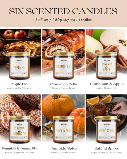 AOOVOO Fall Candles - 6 PC Scented Candle, 42 oz Soy Candles, Soy Candle for Home Scented, Apple Pie/Cinnamon Roll/Cinnamon Apple/Pumpkin Nutmeg Pie/Pumpkin Spice/Baking Spice