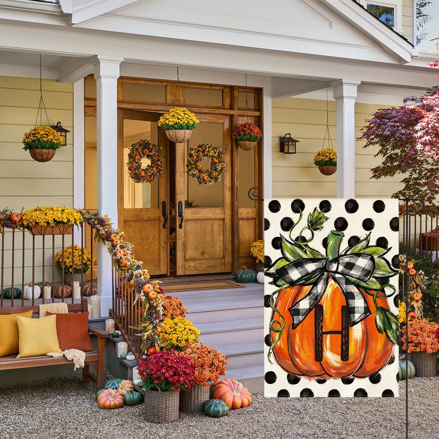 AVOIN colorlife Fall Monogram Letter H Garden Flag Polka Dot Pumpkin 12x18 Inch Double Sided Outside, Small Burlap Family Last Name Initial Yard Decoration