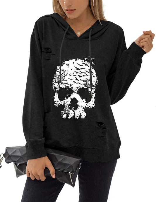 Blooming Jelly Women's Halloween Sweatshirts Skull Graphic Hoodies Long Sleeve Skeleton Shirt Trendy Fall Tops (X-Large, Black Hoodie-2)
