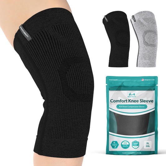 BraceAbility Knee Compression Sleeve - Knit Knee Pain Brace for Men or Women, Arthritis Relief, Meniscus Tear, Running, Workout, Sports, Swelling, Athletic Support for Joint Stability (XL/2XL Black)