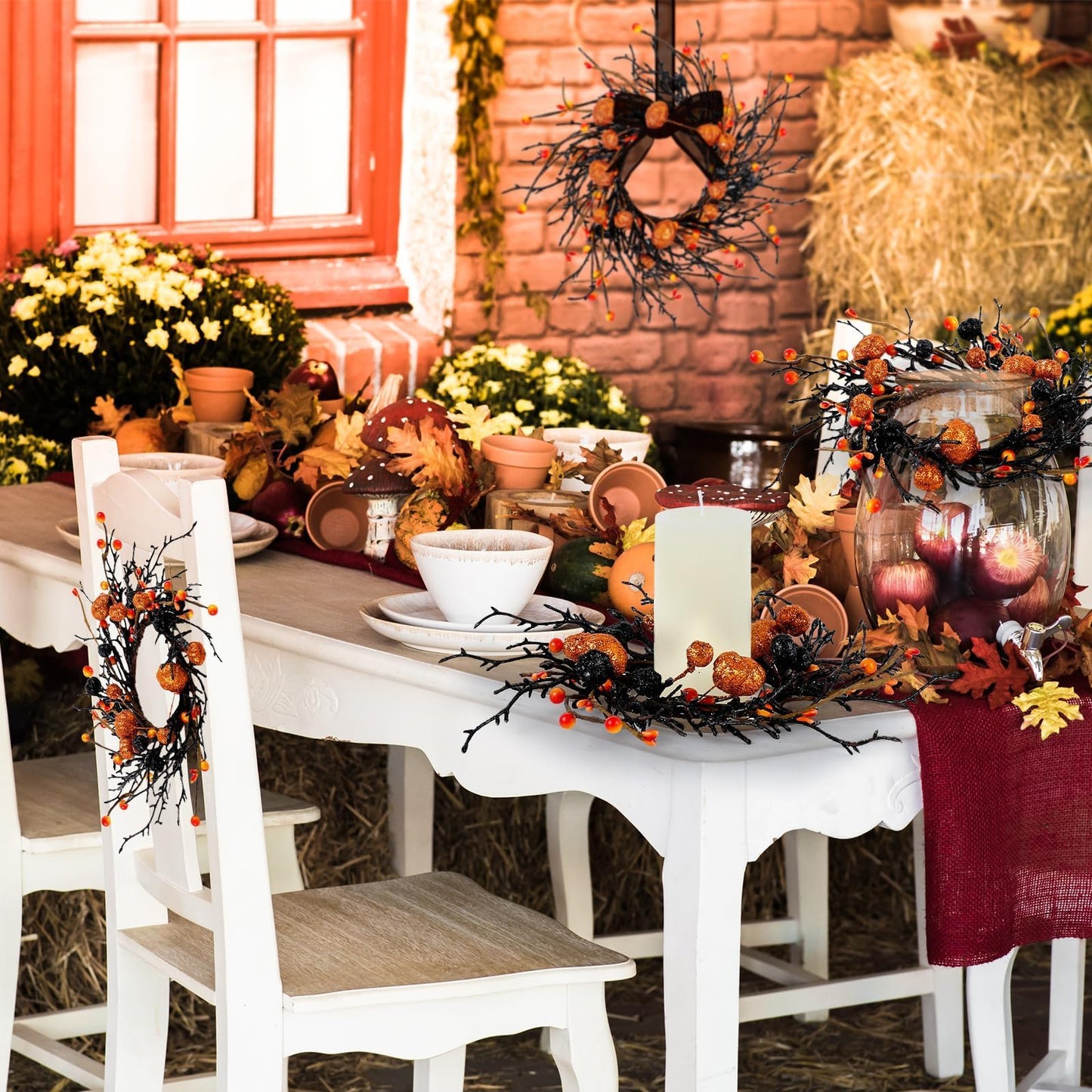 6 PCS Halloween Swags Wreaths Black Berry Cabinet Hanging Decorative Wreaths 3.5 Inch Halloween Candle Rings Berries & Pumpkin Candle Rings for Front Door Home Wall Decor Party Outdoor Indoor Supply