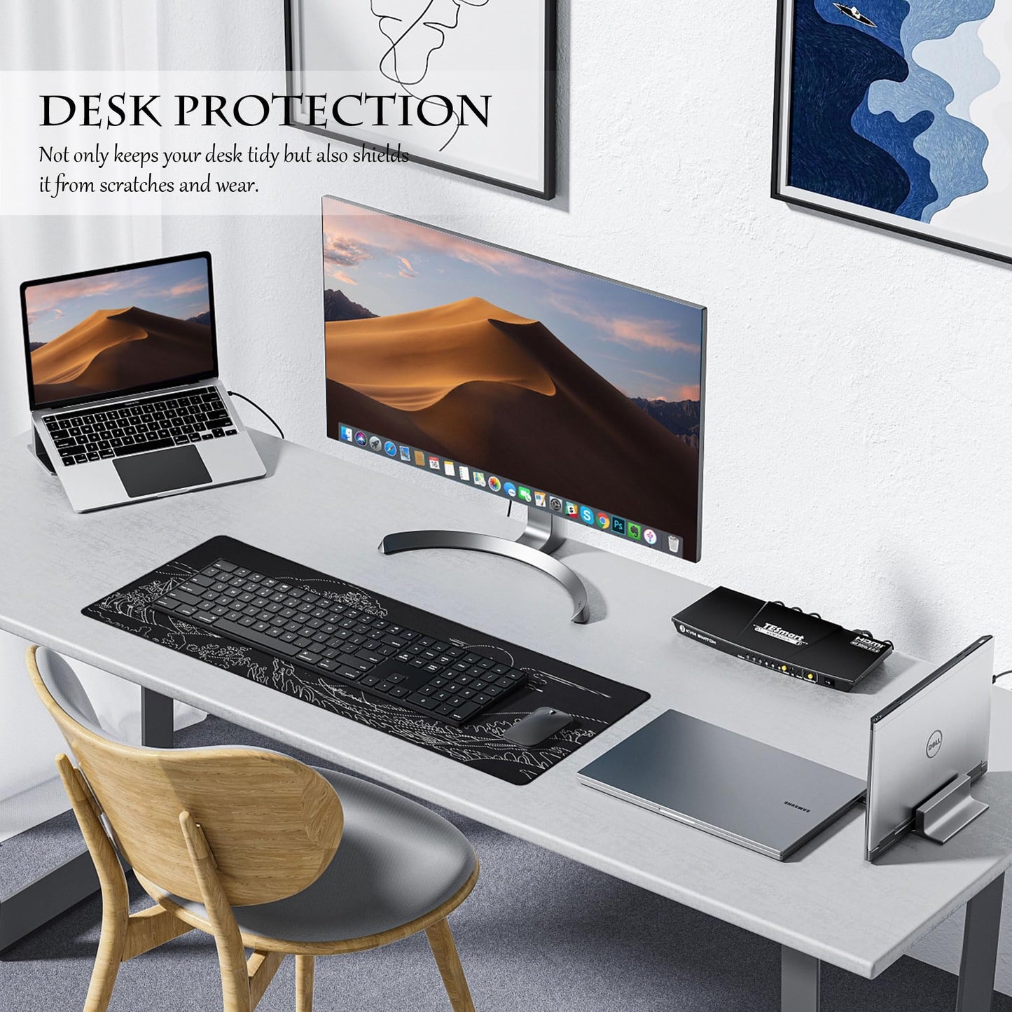 ALOANES Waterproof Mouse Pad, XL Gaming Keyboard Pad with Anti-Slip Base, Grain Jacquard Surface, Extend Desk pad for Gamer, Office & Home, Sea Wave Mousepad 31.5''x 11.8''x 0.12''