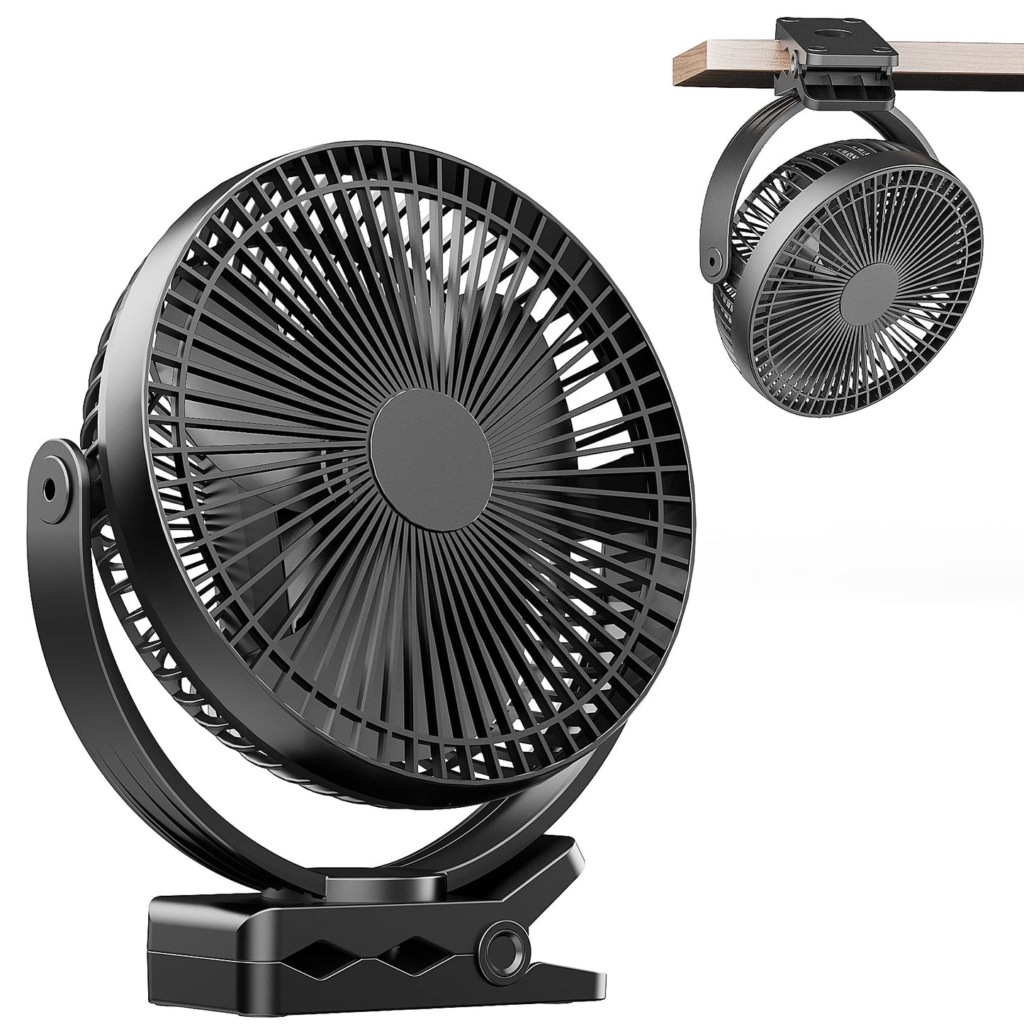 ATEngeus USB Desk Fan, Rechargeable Portable Fan, 8-Inch Clip on Fan, 10000mAh Stroller Fan, 4 Speeds Strong Airflow, 720° Rotation, with Sturdy Clamp, Suitable for home, office and stroller