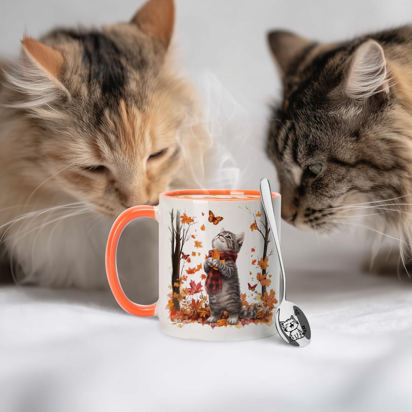 Hyturtle Fall Cat Maple Leaves Coffee Mug with Spoon, Birthday Gifts For Cat Lovers, Fall Autumn Decor Gifts For Farmhouse Thanksgiving, Cute Autumn Mug, 11oz Two Tone White Ceramic Coffee Tea Cup