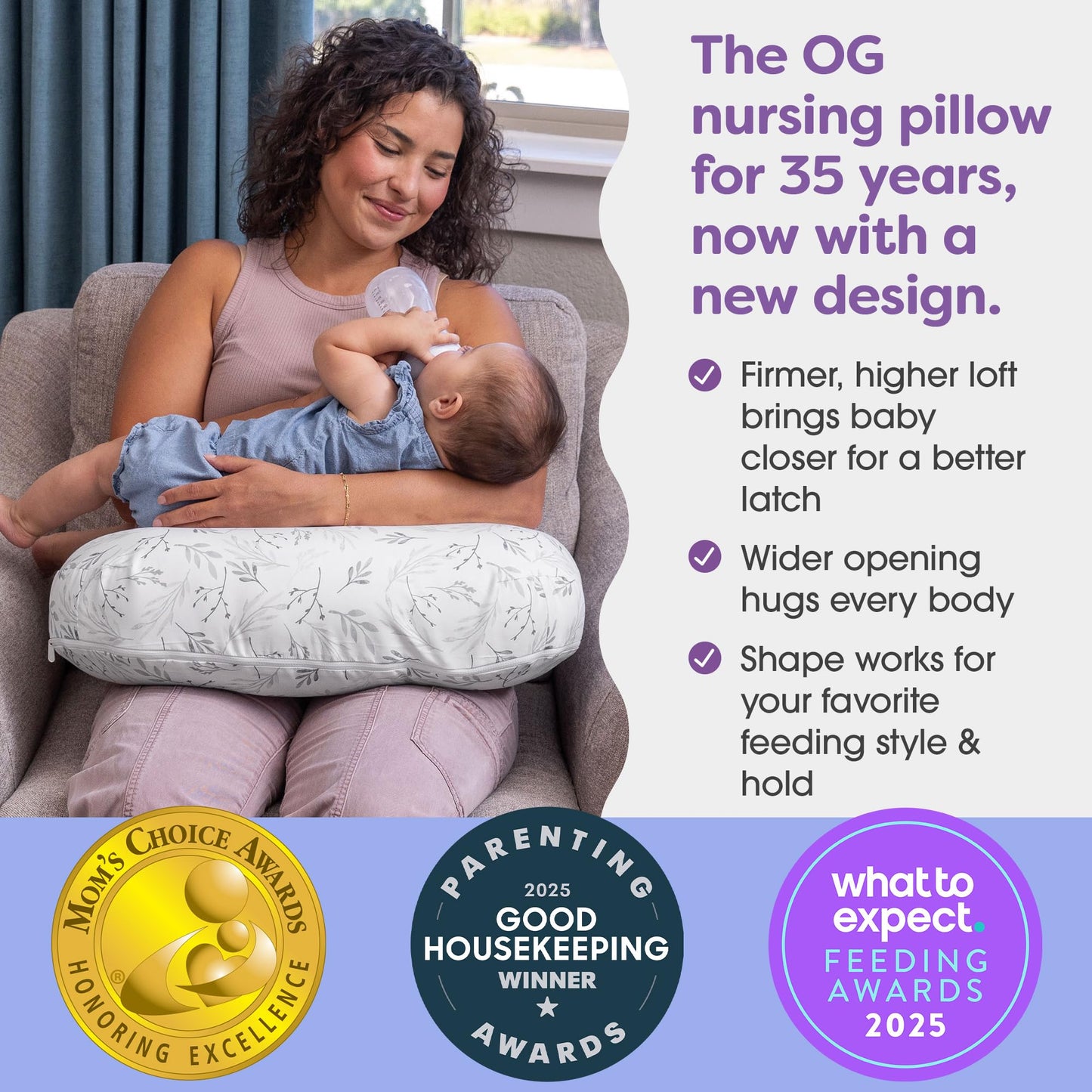 Boppy Nursing Pillow - Ergonomic Bottle & Breastfeeding Pillow with High, Firm, Large Area, Water-Repellent Cushion with Washable Cover; Baby Safety Alliance Verified - Gray Gentle Leaves