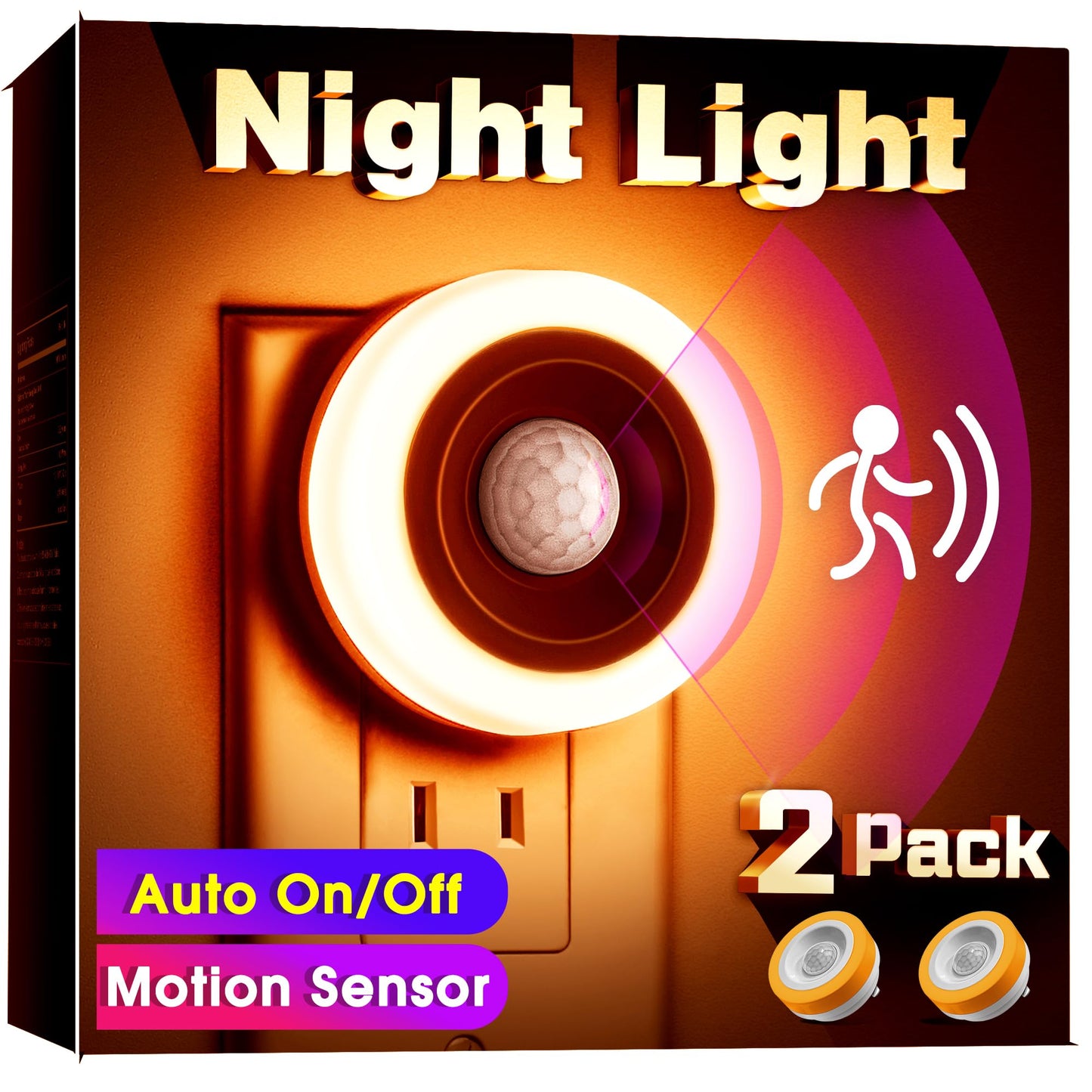 Briignite Motion Sensor Night Light Orange, [2 Pack] Night Lights Plug into Wall, Auto On/Off Motion Activation Nightlight, Energy-Saving 0.6W LED Amber Night Light, Ideal for Kids, Bedroom, Bathroom