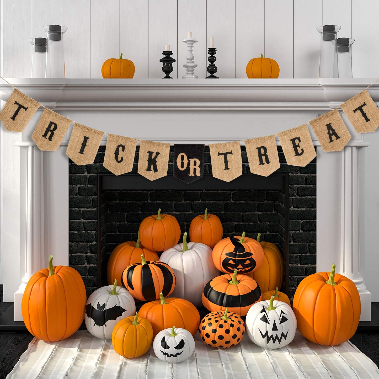 Whaline Halloween Trick or Treat Burlap Banner, Hanging Banner Home Decor Bunting Flag Fireplace Garland, Black, Orange