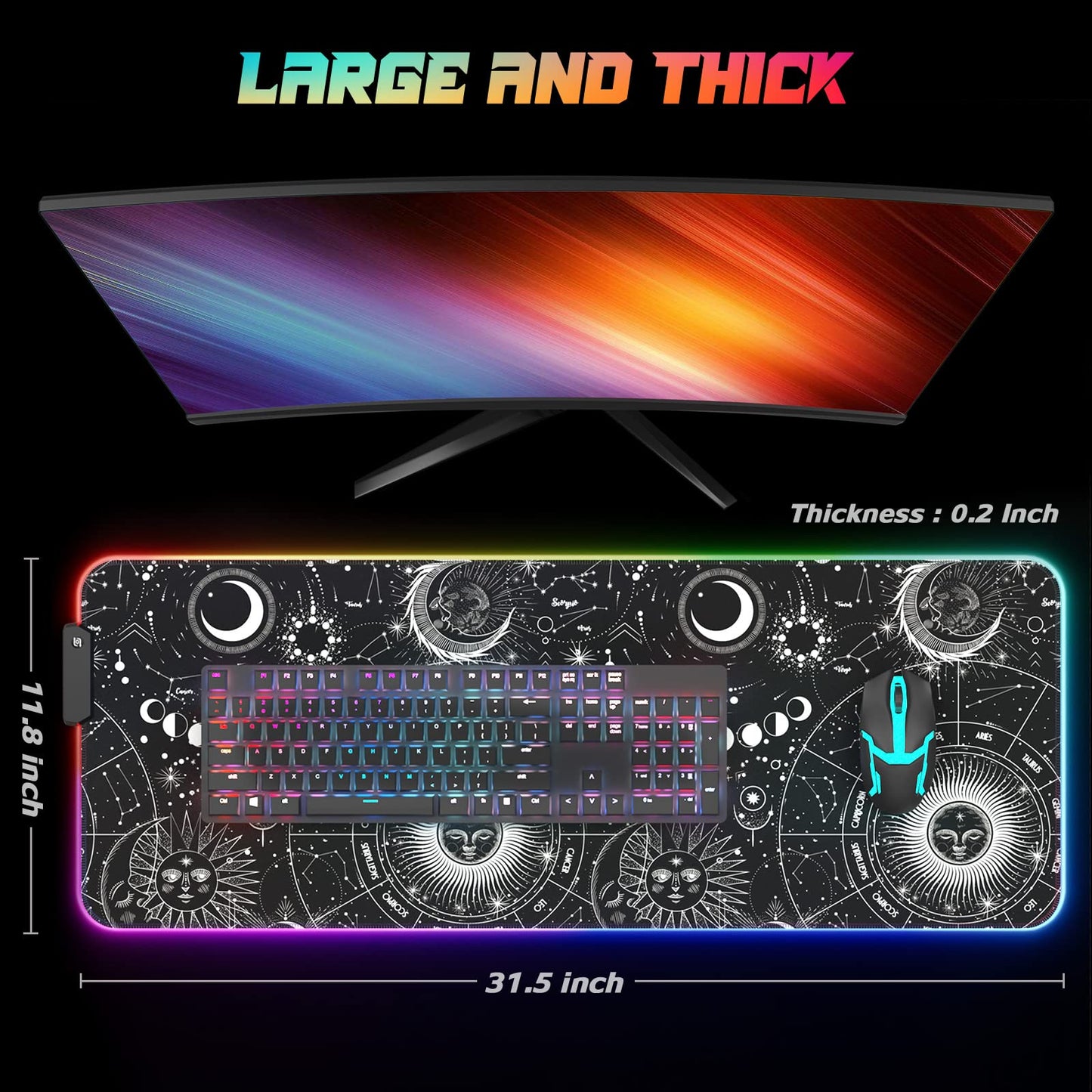 ITNRSIIET RGB Gaming Mouse Pad, Full Desk XL Extended Large Gaming Mousepad, 12 Lighting Modes, 30% Thicker, Big LED Desk Mat for Keyboard Computer Men Gamers Esport Pros, 32" x 12", Black Sun Moon