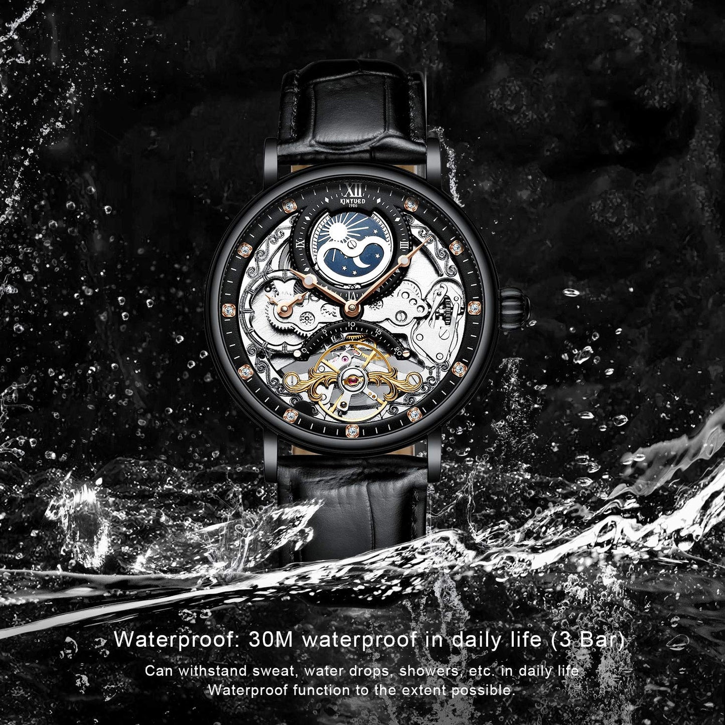 IK COLOURING Mens Luxury Skeleton Automatic Mechanical Wrist Watches Leather Moon Phrase Luminous Hands Self-Wind Watch