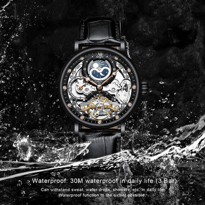 IK COLOURING Mens Luxury Skeleton Automatic Mechanical Wrist Watches Leather Moon Phrase Luminous Hands Self-Wind Watch