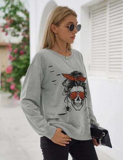 Blooming Jelly Women's Halloween Sweatshirts Skull Graphic T Shirts Long Sleeve Pullover Gothic Fall Trendy Outfits 2024 (Large, Gray-Spider)