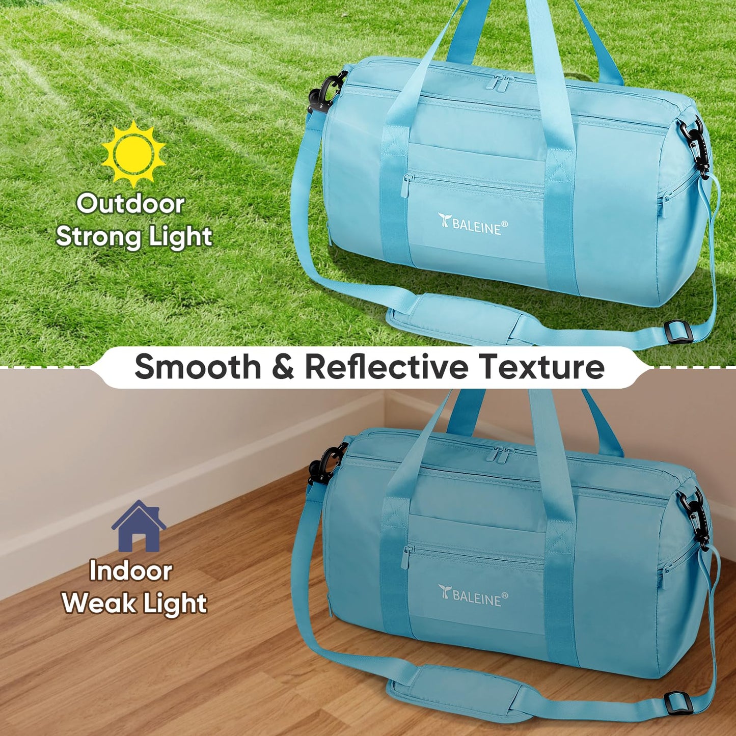 BALEINE Gym Duffel Bag for Women and Men, Small for Sports, Gyms and Weekend Getaway, Waterproof Dufflebag with Shoe and Wet Clothes Compartments, Lightweight Carryon Gymbag (Azure)