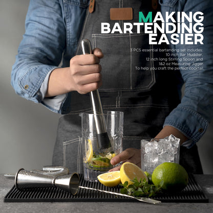 Homestia 3-Pcs Silver Muddler & Mixing Tool Set, 10'' Muddler, 12'' Cocktail Spoon & 1 OZ/2 OZ Double Jigger, Bar Tool Set for Beverages Drinks, Stainless Steel Bar Set Housewarming Gift
