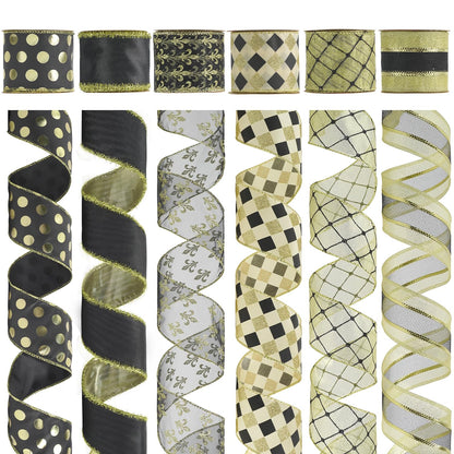 HUIHUANG Black Wired Ribbon for Christmas Tree Black and Gold Christmas Ribbons for Tree Decorations, Bows, Wreaths, Garland, Gift Wrapping, Crafts, Home Decor (2-1/2" x 6 Rolls, 36 Yds Total)