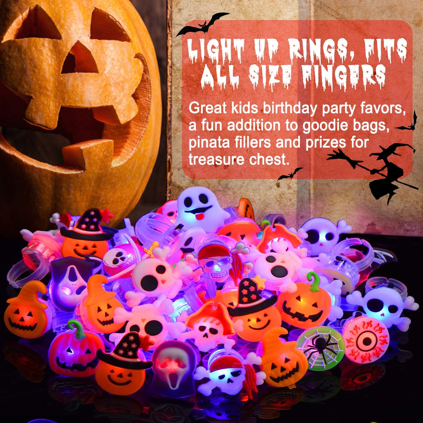 50 Pcs Halloween LED Glow Ring, Light Up Toys Glow in the Dark Birthday Halloween Party Favors Decorations Supplies for Adults Flash Finger Rubber Rings 8 Shape Ghost Pumpkin Skeleton Spider Bat