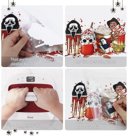 9 Sheets Halloween Iron on Transfers for T-Shirts,Halloween DTF Transfers Ready to Press Heat Transfer Vinyl,Horror Movie Iron on Patches Sticker Halloween Iron on Decals for T-Shirt Clothes DIY