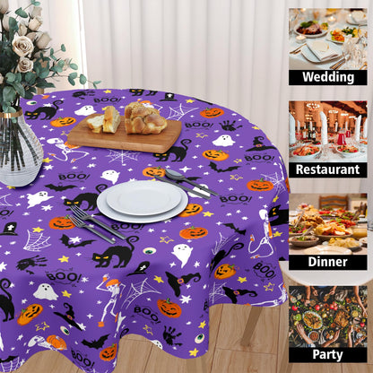 ABSOP Halloween Tablecloth Round 60 Inch Purple Outdoor Table Cloth Black Orange Pumpkin Table Cover for Kitchen Dinner Room Holiday Party Outdoor Home Halloween Decor