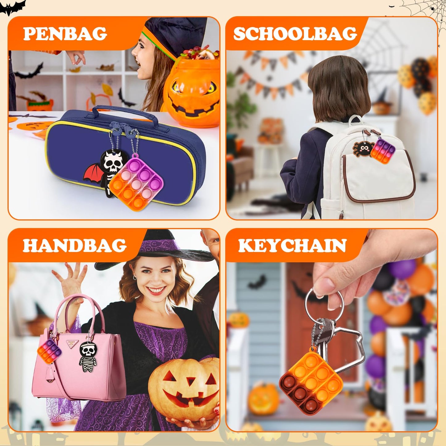 64Pack Halloween Mini Pop Fidget Toys Pack with Cartoon Letter Party Favors, Silicone Squeeze Pop Bubble Fidget Bulk Sensory Toys, Pop Keychain Bubble Toy Party Bag Fillers for Kids