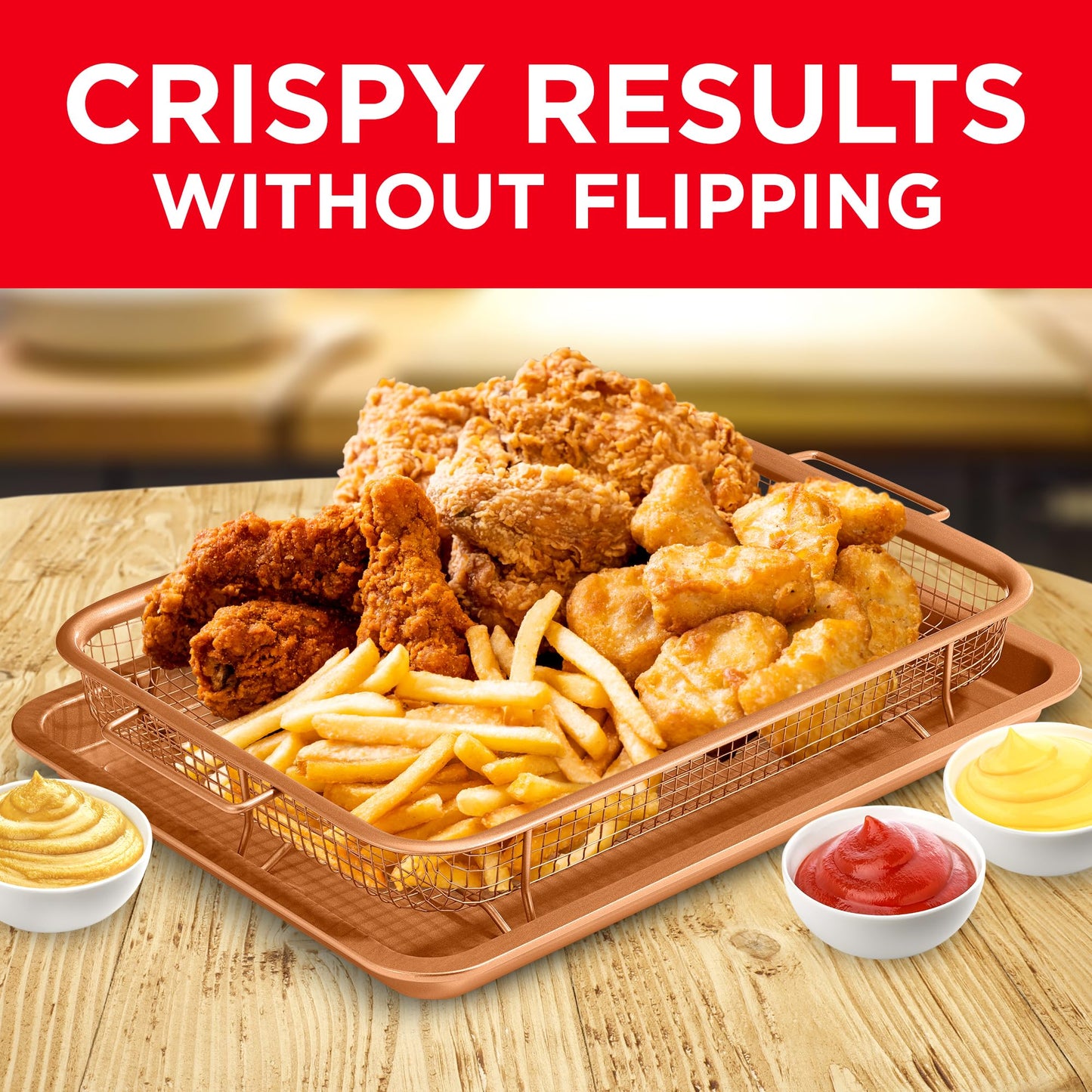 Bakken- Swiss Air Fryer Tray Basket w/Elevated Mesh Great For Oven, For Baking & Crispy Foods, Dishwasher Safe,PTFE/PFOA/PFOS FREE Extra-large 9.5/''x13/'',Copper