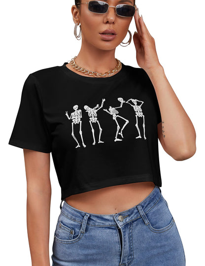 Women's Halloween Funny Skeleton Skull Hand Print Crop Top Tee Short Sleeve Casual T-Shirt, Small,Black Dance
