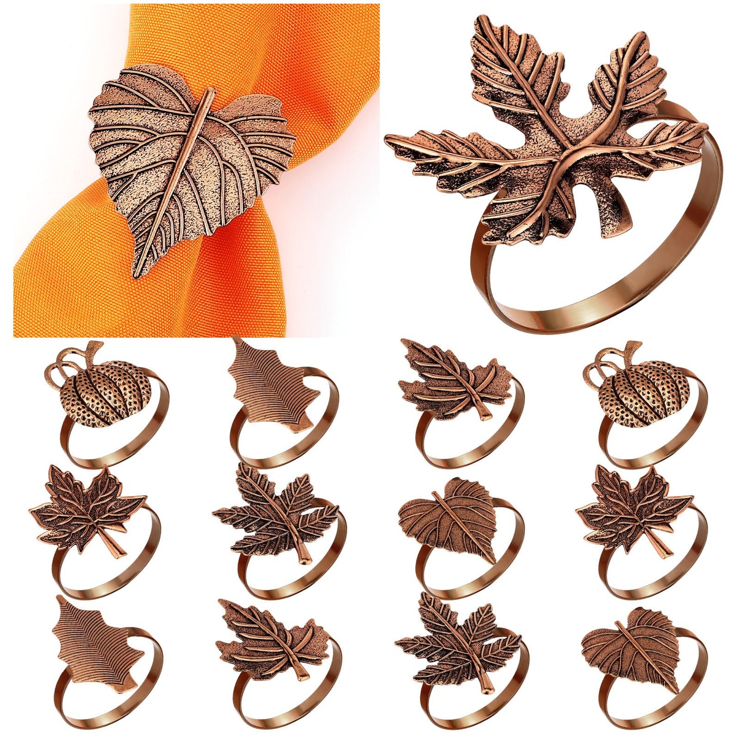 WILLBOND 12 Pcs Thanksgiving Napkin Rings Set Thanksgiving Pumpkin Leaf Themed Holders Fall Napkin Rings Alloy Design Holder Buckle for Halloween Home Party Table Decor Wedding Supplies (Copper)