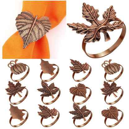 WILLBOND 12 Pcs Thanksgiving Napkin Rings Set Thanksgiving Pumpkin Leaf Themed Holders Fall Napkin Rings Alloy Design Holder Buckle for Halloween Home Party Table Decor Wedding Supplies (Copper)