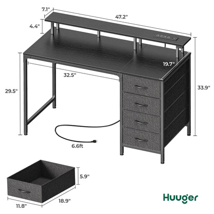 Huuger 47 Inch Computer Desk with Power Outlets and LED Lights, Gaming Desk with 4 Drawers, Office Desk with Monitor Stand, Study Work Home Office, Small Spaces, Black