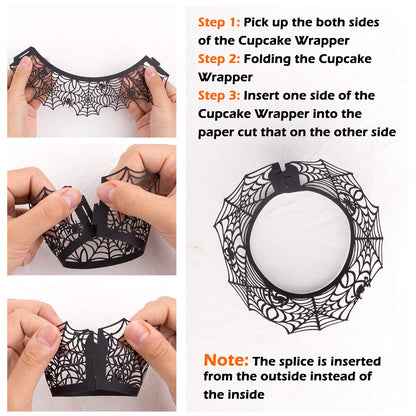 Whaline 100 Pcs Halloween Cupcake Wrappers, Artistic Bake Paper Cups Black Laser Cut Cupcake Liners Cake Decoration for Halloween Theme Party