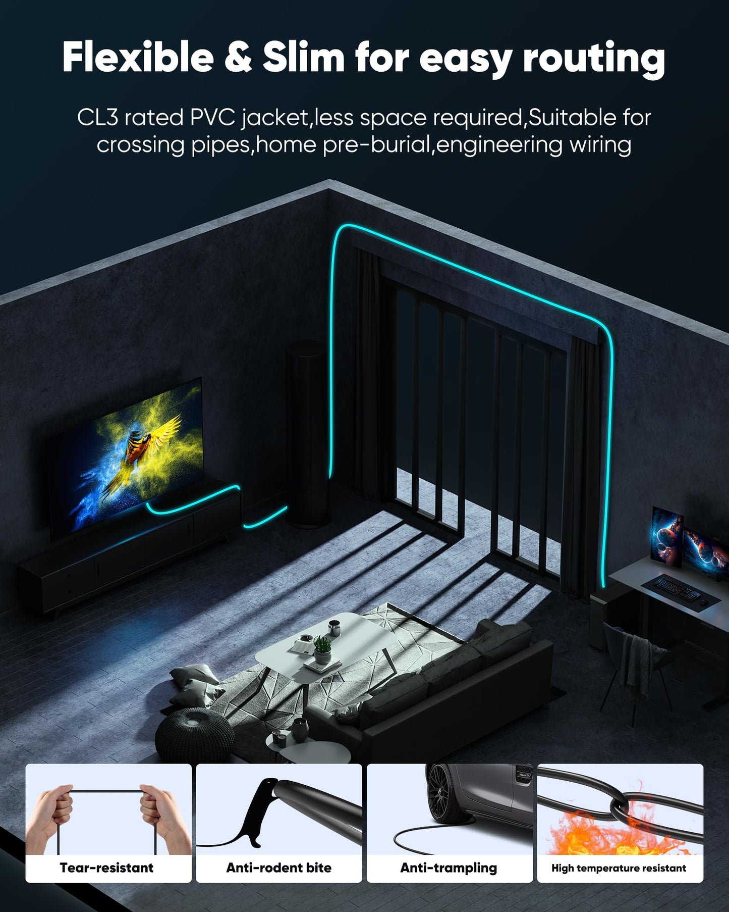 Highwings HDMI Cable 15 FT Long, 4K 8K 10K HDMI 2.1 Cord Ultra High Speed [in-Wall CL3 Rated, 8K@60Hz 4K@120Hz Video 48Gbps], Fit, Durable, Flexible, eARC, HDCP, Compatible for Ethernet SoundBar