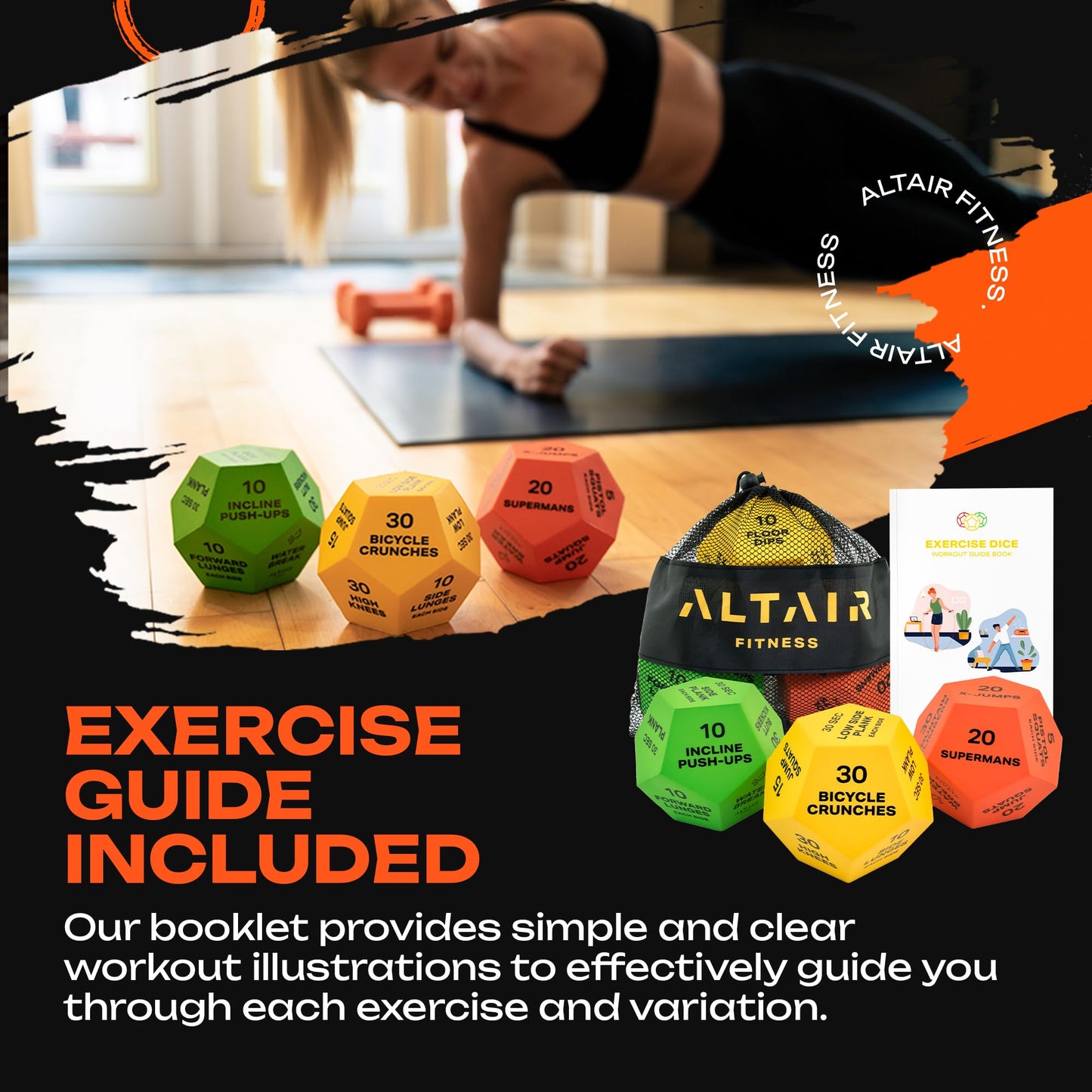 ALTAIR Fitness Dice - 3 12-Sided HIIT Workout Dice with 3 Levels of Difficulty for Adults, Teens & Kids, Motivational Accessories with Mesh Bag & Guide Book