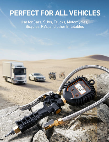 AstroAI Digital Tire Pressure Gauge, Heavy Duty Tire Inflator Gauge 250PSI Air Chuck Compressor Accessories with Stainless Braided Hose, Rotatable Dial&Quick Connect Coupler for Truck/RV/SUV