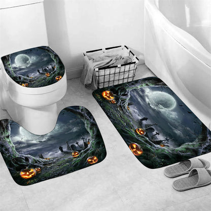 4PCS Halloween Shower Curtain Set with Non-Slip Rug, Toilet Lid Cover and Bath Mat, Moon Night Forest Pumpkin Shower Curtain with 12 Hooks, Waterproof Shower Curtain for Halloween Bathroom Decor