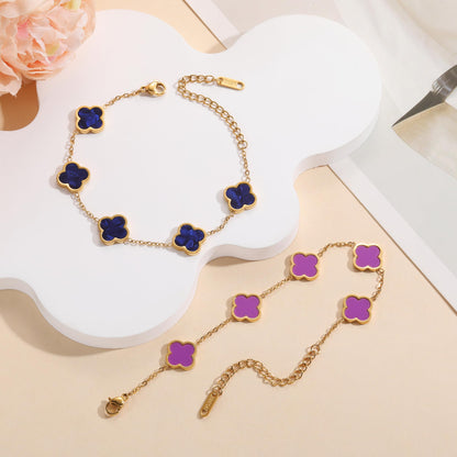 AIPPK 18K Gold Plated Clover Lucky Bracelet for Women White/Black/Red/Green Flower Four Leaf Link Bracelets Trendy Jewelry Gifts for Women (Purple)