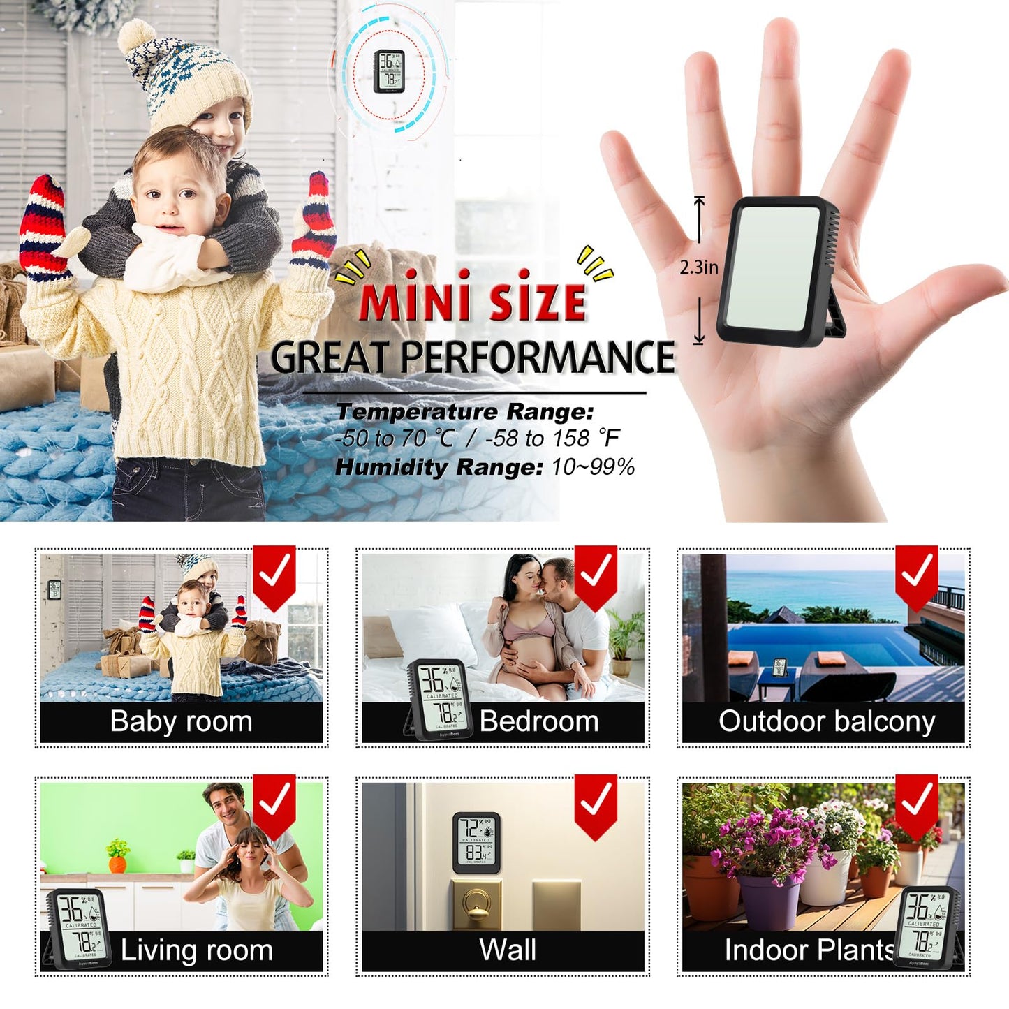 AyayaBoss 3 Pack Room Thermometer Indoor Hygrometer for Home, Digital Sensor Mini Humidity Gauge Meter, Temperature Humidity Monitor for Bedroom, Pet, Plant - Battery Included