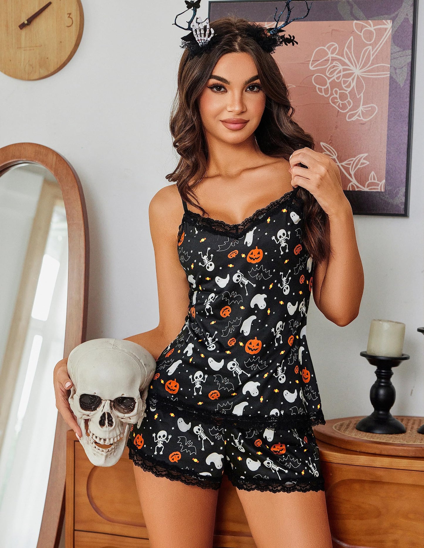 Avidlove Halloween Pajama Sets for Women Soft Printed Sleepwear Lace Trim Short PJ Set Halloween Black S