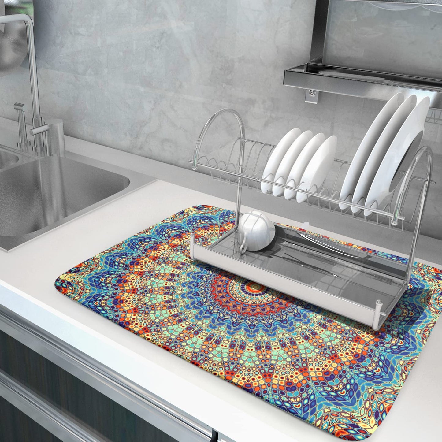 Bohemian Mandala Dish Drying Mat for Kitchen Counter Boho Ethnic Drying Mat 18 x 24 Inch with High Absorbent Reversible Microfiber Dish Drying Pad Dish Rack Pad Drainer Mat for Coffee Bar