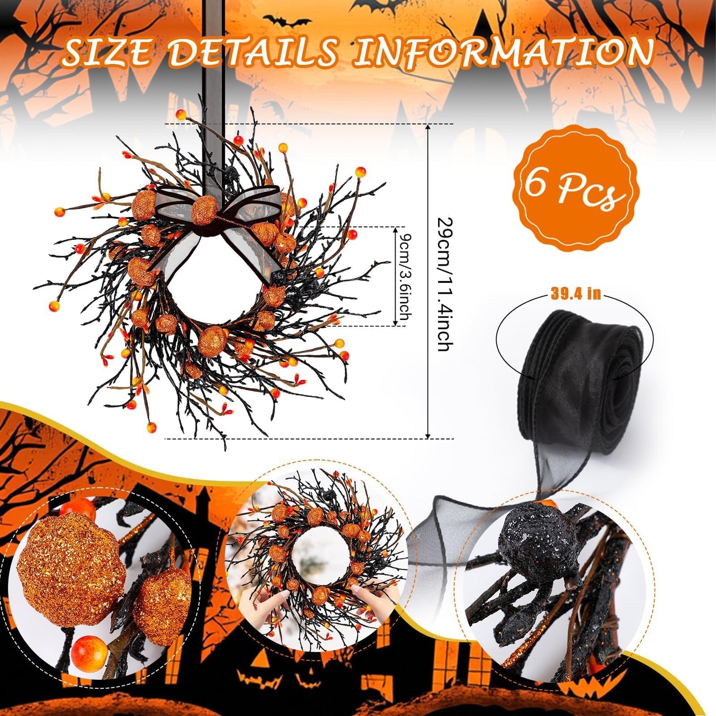 6 PCS Halloween Swags Wreaths Black Berry Cabinet Hanging Decorative Wreaths 3.5 Inch Halloween Candle Rings Berries & Pumpkin Candle Rings for Front Door Home Wall Decor Party Outdoor Indoor Supply