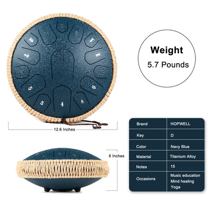 HOPWELL Steel Tongue Drum - 13 Inches 15 Notes Tongue Drum - Hand Pan Drum with Music Book, Handpan Drums Mallets and Carry Bag, D Major (Navy Blue)