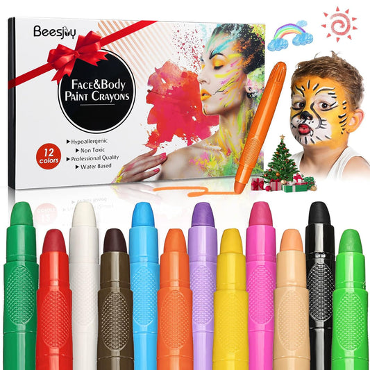 Beesjuy Face Painting Kits for Kids,12 Color Water Based Face Paint Kit, Washable Kids Body Paint for Makeup, for Birthday, Halloween, Thanksgiving Day, Cosplay Makeup, Gifts for Kids/Children