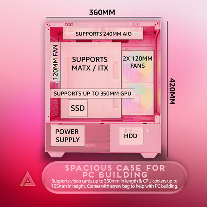 Apevia Phantom-PK Phantom Micro-ATX Dual-Chamber Gaming PC Case w/ 5X 120mm ARGB Fans, 366 RGB Modes, Dual Tempered Glass Panels, 240mm Radiator Support, 2X USB3.0, HD Audio Port, Pink