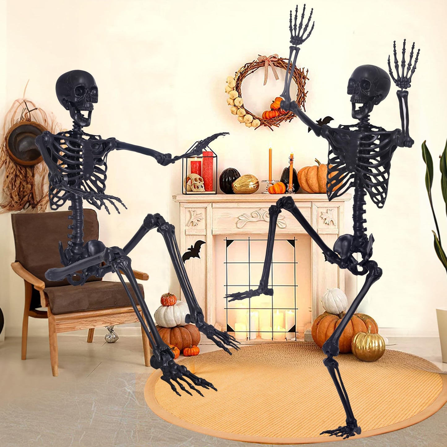 5.4Ft Halloween Skeleton,Posable Skeleton Full Size Skeleton with Movable Joints and 2PC Black Feathered Crows for Halloween Decorations Outside and Inside