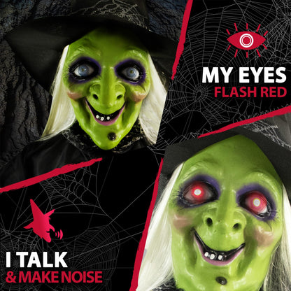 Haunted Hill Farm 71-in. Witch with Broomstick Animatronic, Indoor/Outdoor Halloween Decor, Poseable & Talking Animated Halloween Prop, Battery Operated