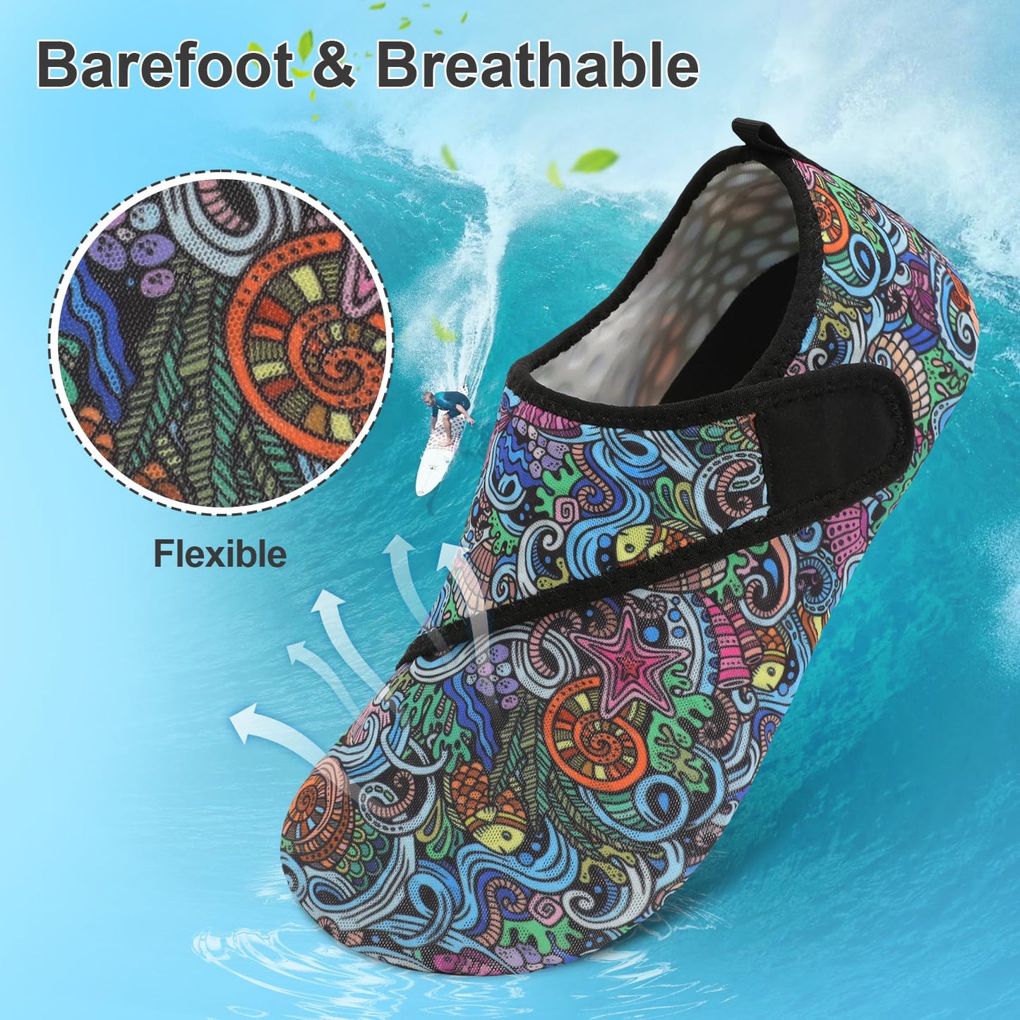 BARERUN Water Shoes Adult Quick-Dry Aqua Sock Barefoot for Beach Swim River Pool Lake Hiking Kayaking Surfing Aqua Sports Outdoor Shoes Black Women Size 8.5-9.5 Men Size 7-7.5