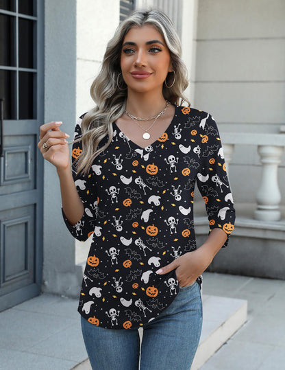 Zeagoo Halloween Pumpkin Shirts Women Fall T-Shirts Cute Autumn Graphic Tees Thanksgiving Tops Halloween Shirts 3/4 Sleeve V-Neck T Shirt