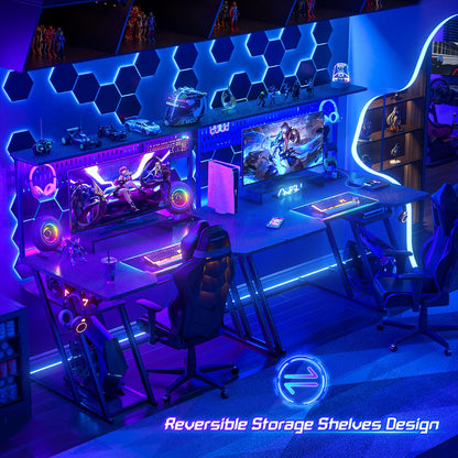 Armocity Gaming Computer Desk with Shelves and Outlets, Gaming Desk with Hutch and LED Lights, Reversible PC Gaming Desks with Pegboard, Carbon Fiber Black 47''