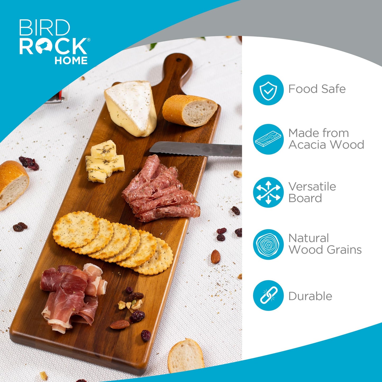 BIRDROCK HOME Acacia Wooden Serving Board with Handle - Long Charcuterie Tray for Party Cheese, Meat, Fruit & Bread Display - Decorative Food Platter for Kitchen - Natural Wood - Espresso, 23”