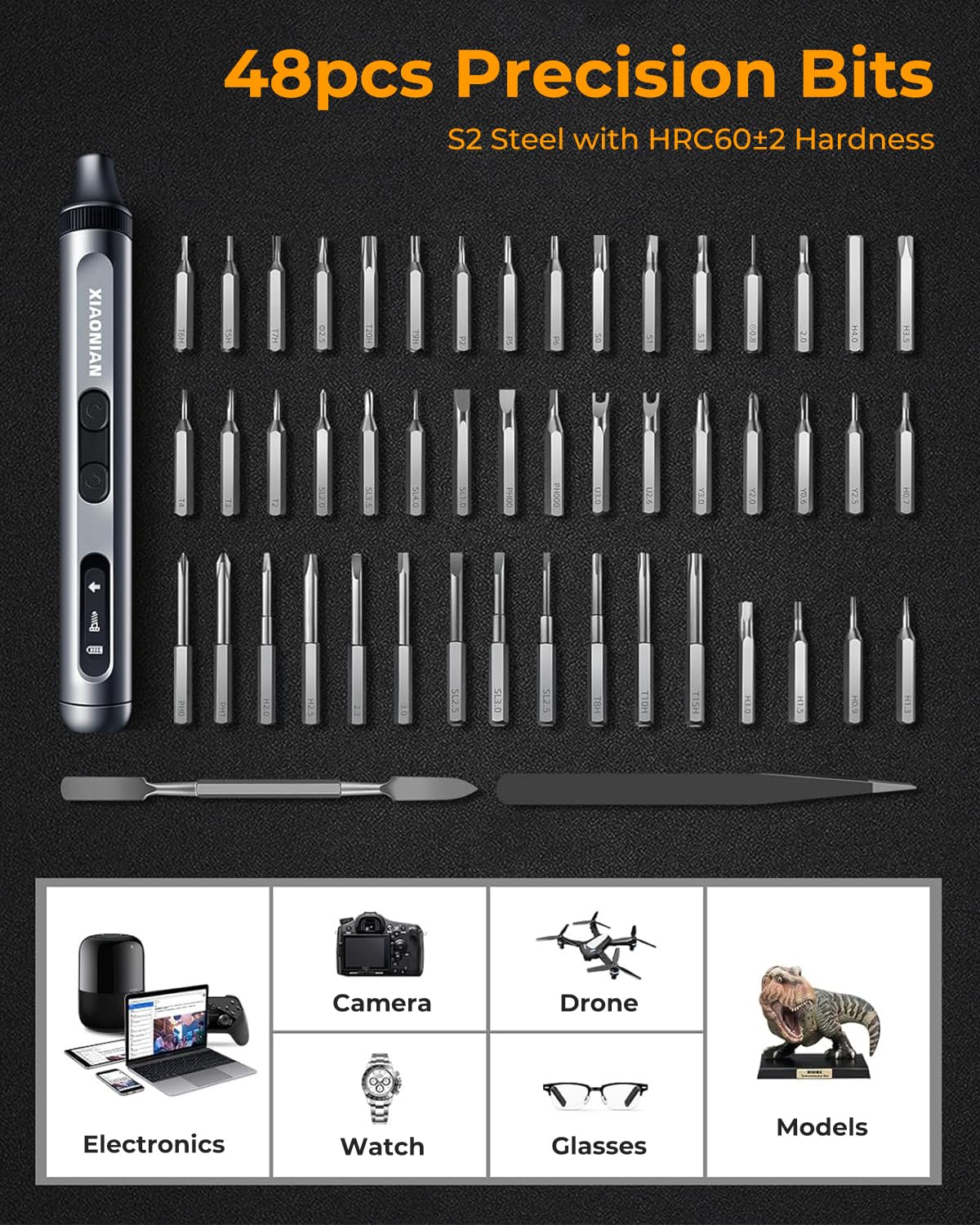 52 in 1 Electric Screwdriver Set,XIAONIAN 3.7V Mini Precision Screwdriver Set with 48 S2 Magnetic Bits,USB-C Charging Cable,LED Light,Small Repair Tool Kit for Phone,Watch,Eyeglasses,PC,Camera,Laptop