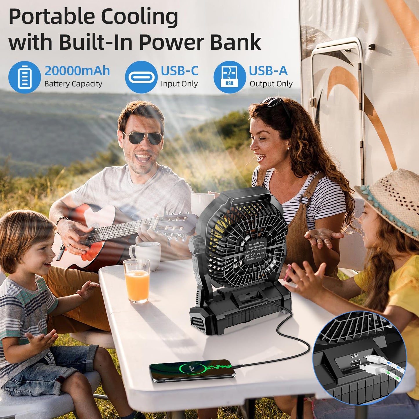 Camping Fan Rechargeable, 20000mAh Battery Powered Portable Fan with LED Light & Hook, 4-Speed 270° Adjustable, Camping Essentials for Tent, Travel, Car, Outdoor, Indoor, BBQ, Fishing, Jobsite